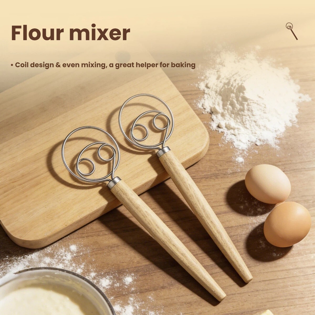 Danish Pancake Pan - ที่ตีแป้งด้ามไม้ขนาดใหญ่ ที่ตีแป้งแบบเดนิช เครื่องผสมแป้งขนมปังแบบมือถือ อุปกรณ์ตีไข่แบบมือถือ อุปกรณ์เสริมสำหรับการอบขนม