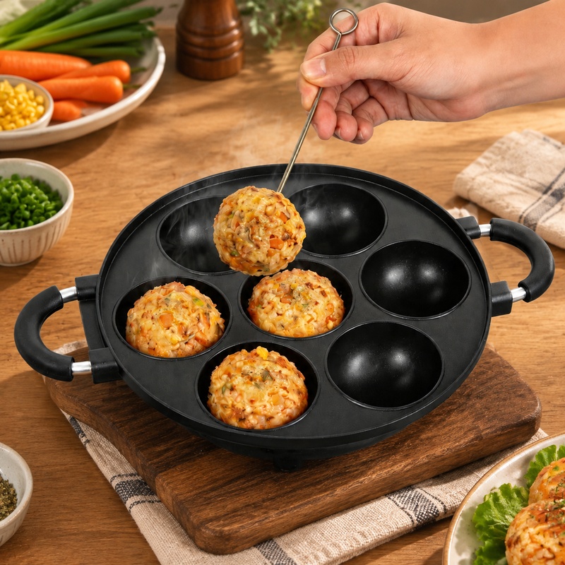 Takoyaki Grill Plate - แม่พิมพ์อะลูมิเนียม 7 ช่อง สำหรับทำแพนเค้กบอลและทาโกะยากิ พร้อมพื้นผิวเคลือบสารกันติด เหมาะสำหรับการอบขนมที่บ้าน